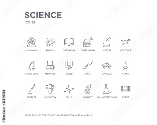 simple set of science vector line icons. contains such icons as tubes, volumetric flask, biology, cells, chemistry, dropper, flask, formula, laser and more. editable pixel perfect.