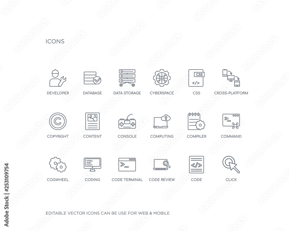simple set of seo vector line icons. contains such icons as click, code, code review, code terminal, coding, cogwheel, command, compiler, computing and more. editable pixel perfect.