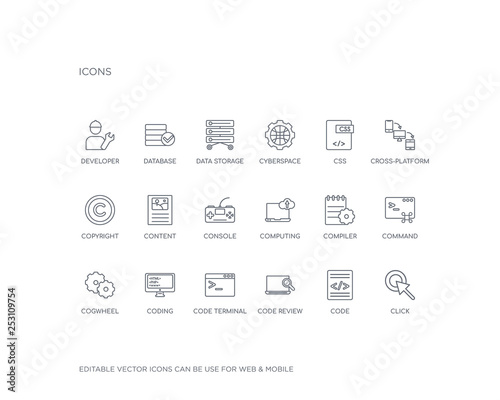 simple set of seo vector line icons. contains such icons as click, code, code review, code terminal, coding, cogwheel, command, compiler, computing and more. editable pixel perfect.
