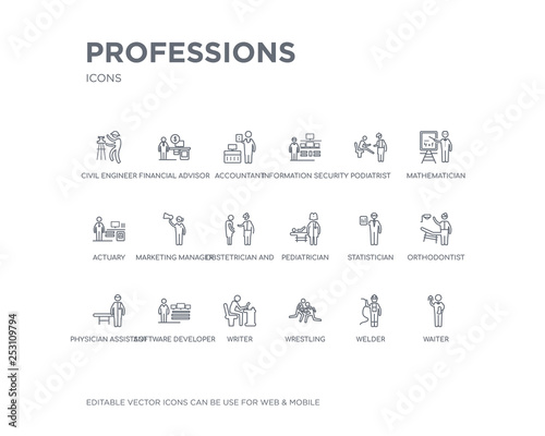simple set of professions vector line icons. contains such icons as waiter, welder, wrestling, writer, software developer, physician assistant, orthodontist, statistician, pediatrician and more.