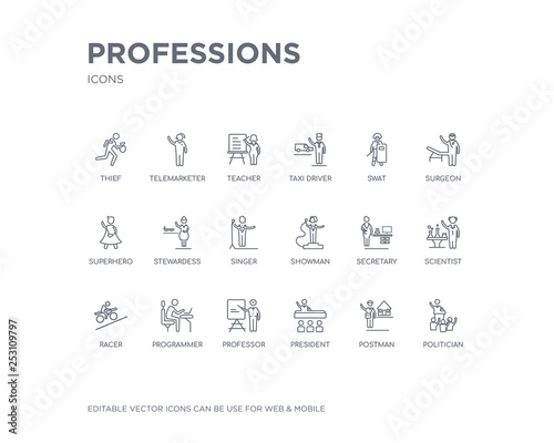 simple set of professions vector line icons. contains such icons as politician, postman, president, professor, programmer, racer, scientist, secretary, showman and more. editable pixel perfect.