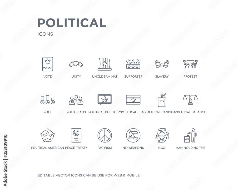 Fototapeta premium simple set of political vector line icons. contains such icons as man holding the vote paper on the box, ngo, no weapons, pacifism, peace treaty, political american elections publicity badge,