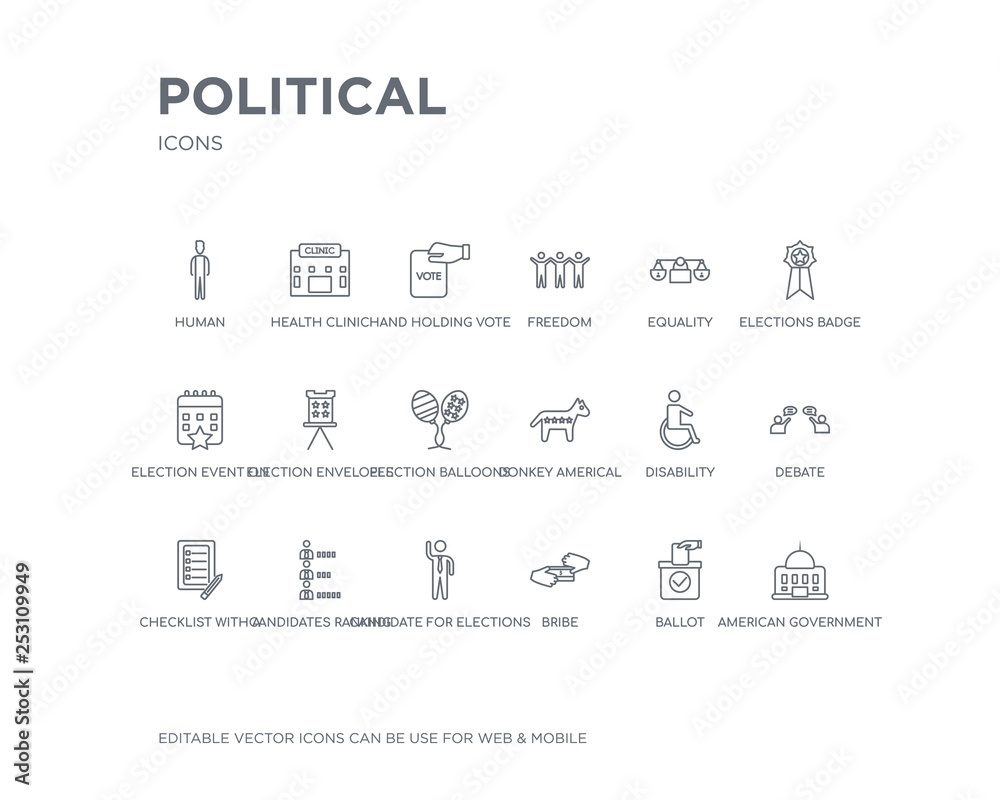simple set of political vector line icons. contains such icons as american government building, ballot, bribe, candidate for elections, candidates ranking graphic, checklist with a pencil, debate,