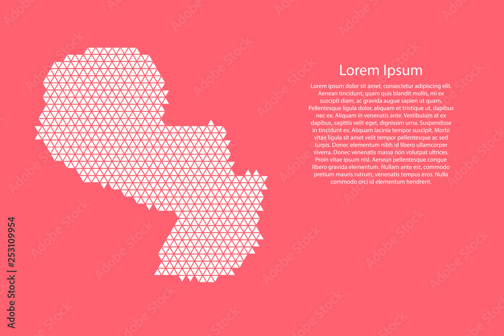 Paraguay map abstract schematic from white  triangles repeating pattern geometric on pink coral color  background with nodes for banner, poster, greeting card. Vector illustration.