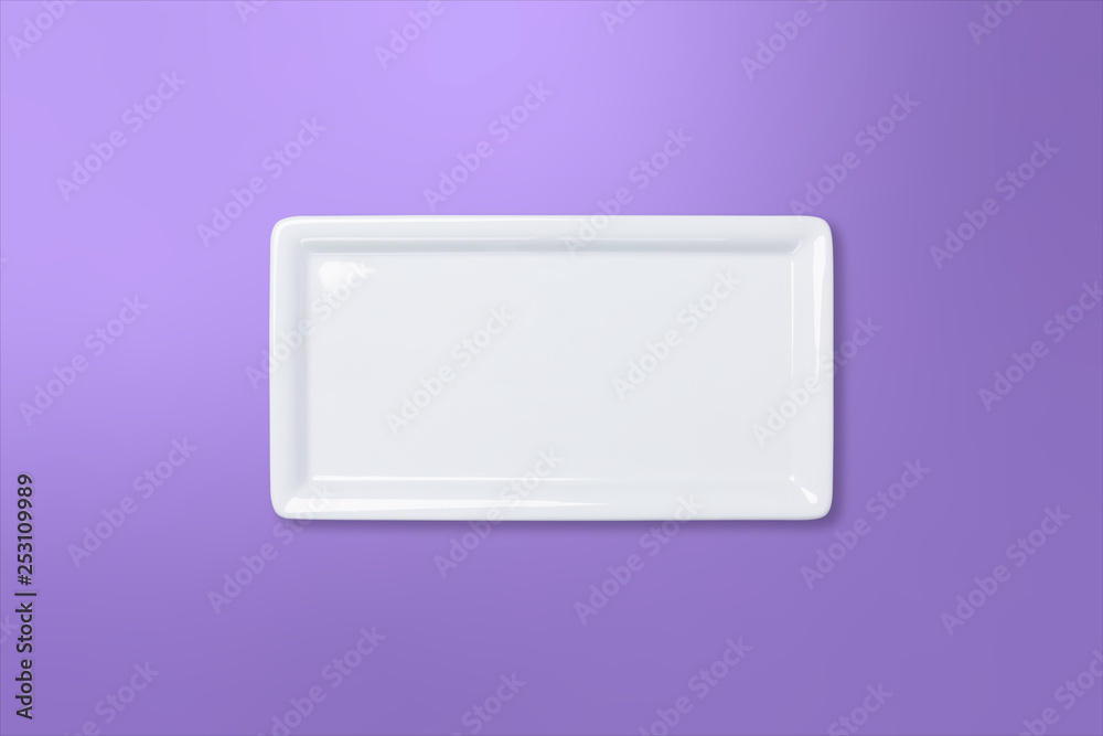 Fototapeta premium Empty white plate on violet purple gradient background