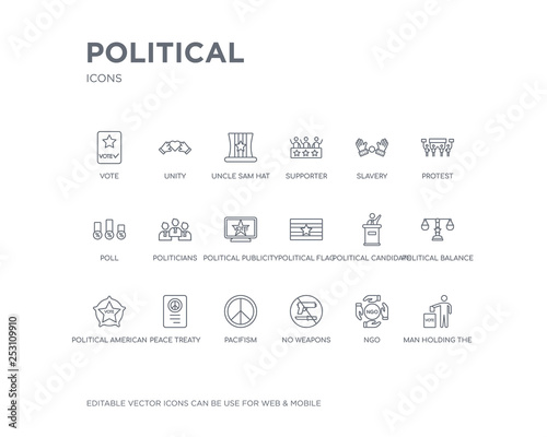 simple set of political vector line icons. contains such icons as man holding the vote paper on the box, ngo, no weapons, pacifism, peace treaty, political american elections publicity badge,