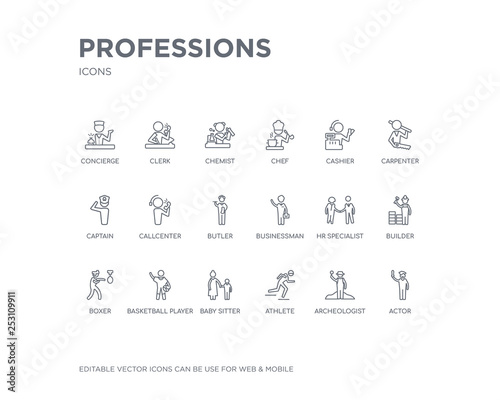 simple set of professions vector line icons. contains such icons as actor, archeologist, athlete, baby sitter, basketball player, boxer, builder, hr specialist, businessman and more. editable pixel