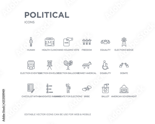 simple set of political vector line icons. contains such icons as american government building, ballot, bribe, candidate for elections, candidates ranking graphic, checklist with a pencil, debate,