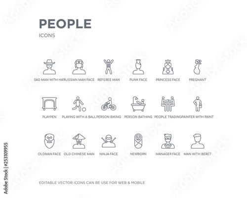 simple set of people vector line icons. contains such icons as man with beret, manager face, newborn, ninja face, old chinese man, oldman face, painter with paint bucket, people trading, person