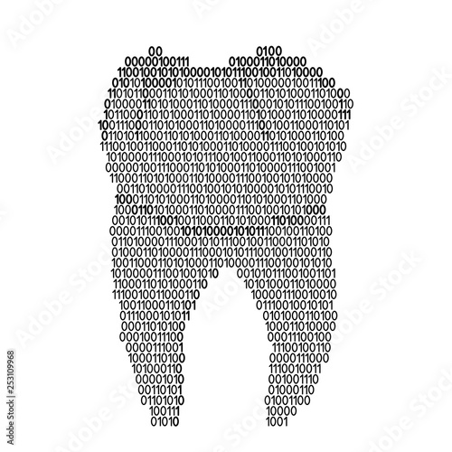 Tooth human root single abstract schematic from black ones and zeros binary digital code. Vector illustration.