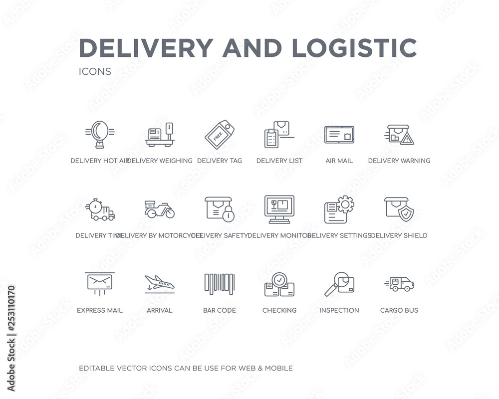 simple set of delivery and logistic vector line icons. contains such icons as cargo bus, inspection, checking, bar code, arrival, express mail, delivery shield, delivery settings, monitor and more. simple set of delivery and logistic vector line icons. contains such icons as cargo bus, inspection, checking, bar code, arrival, express mail, delivery shield, delivery settings, monitor and more.