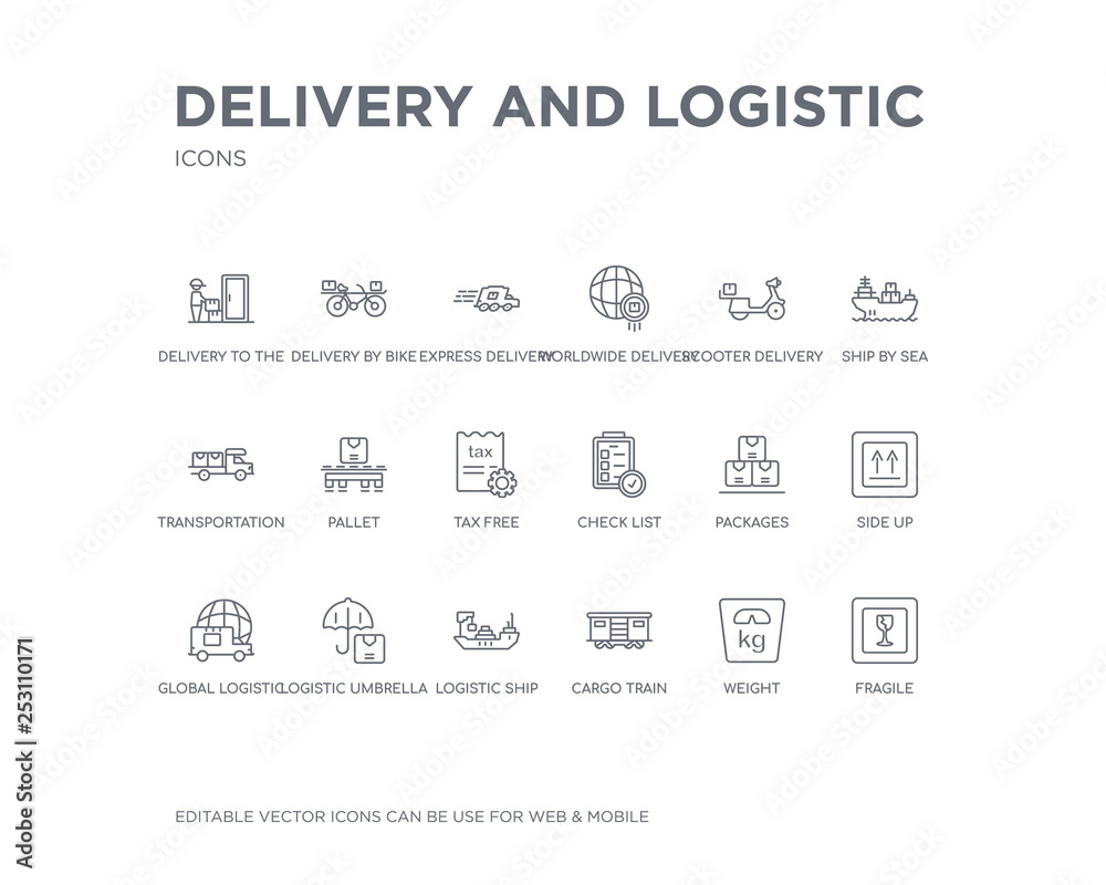 simple set of delivery and logistic vector line icons. contains such icons as fragile, weight, cargo train, logistic ship, logistic umbrella, global side up, packages, check list and more. editable