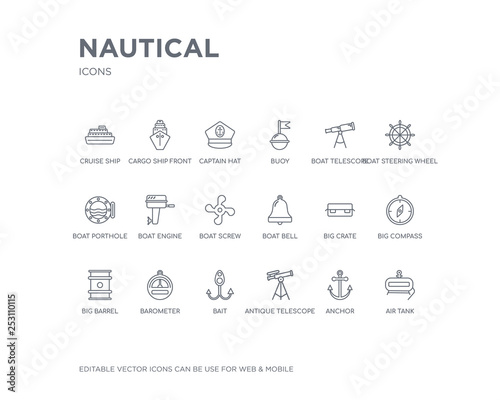 simple set of nautical vector line icons. contains such icons as air tank, anchor, antique telescope, bait, barometer, big barrel, big compass, big crate, boat bell and more. editable pixel perfect.