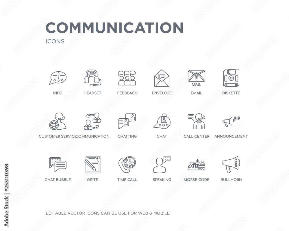 simple set of communication vector line icons. contains such icons as bullhorn, morse code, speaking, time call, write, chat bubble, announcement, call center, chat and more. editable pixel perfect.