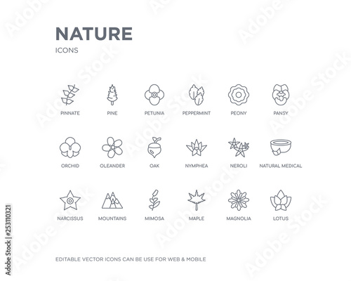 simple set of nature vector line icons. contains such icons as lotus, magnolia, maple, mimosa, mountains, narcissus, natural medical pills, neroli, nymphea and more. editable pixel perfect.