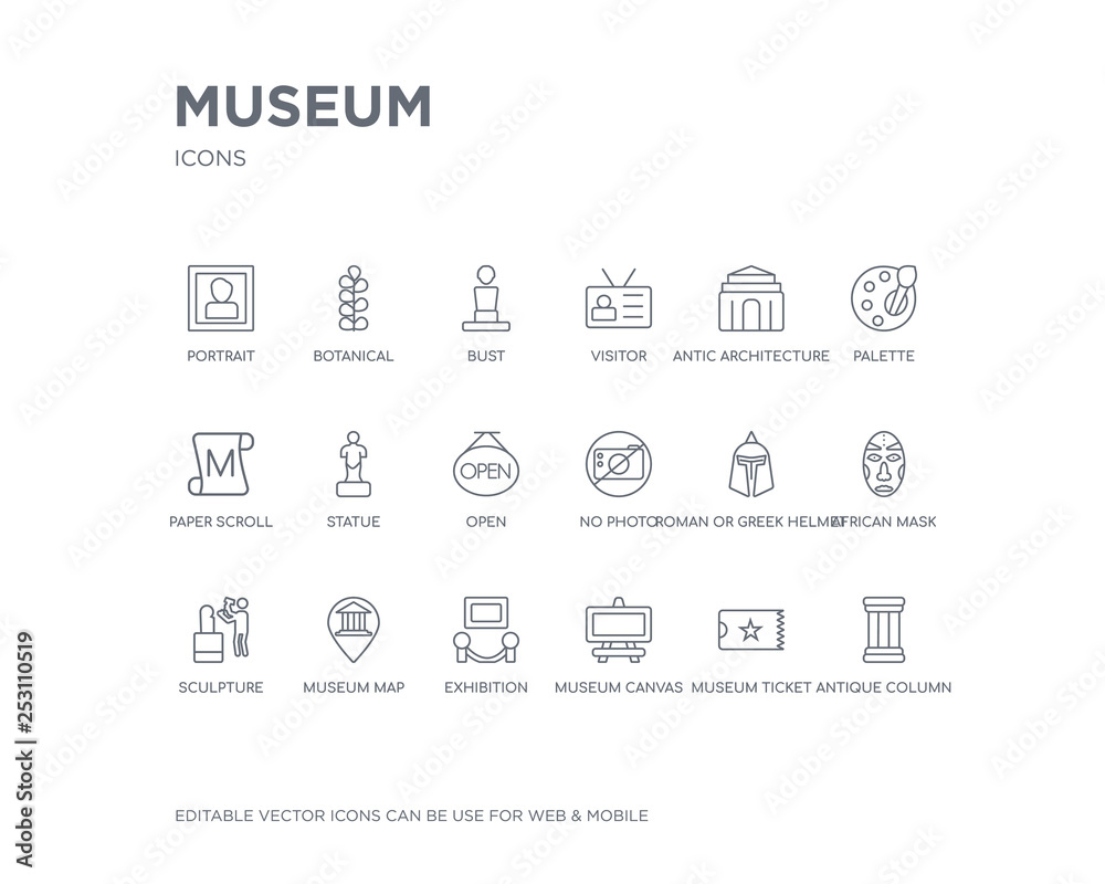 simple set of museum vector line icons. contains such icons as antique column, museum ticket, museum canvas, exhibition, map, sculpture, african mask, roman or greek helmet, no photo and more.