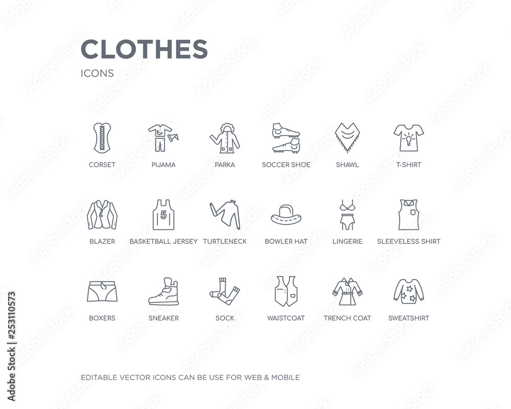 simple set of clothes vector line icons. contains such icons as sweatshirt, trench coat, waistcoat, sock, sneaker, boxers, sleeveless shirt, lingerie, bowler hat and more. editable pixel perfect.
