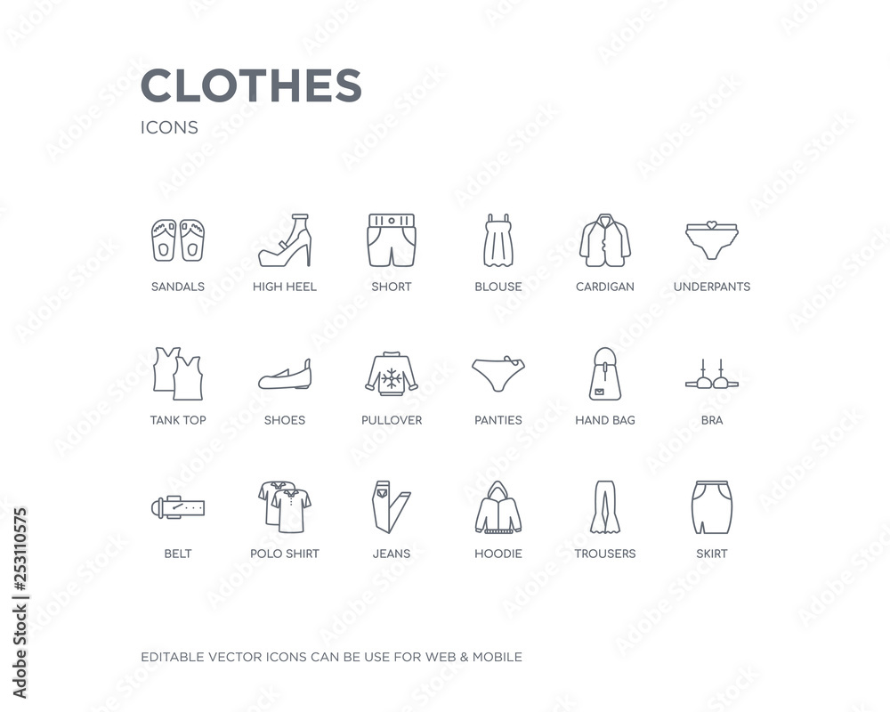 simple set of clothes vector line icons. contains such icons as skirt, trousers, hoodie, jeans, polo shirt, belt, bra, hand bag, panties and more. editable pixel perfect.