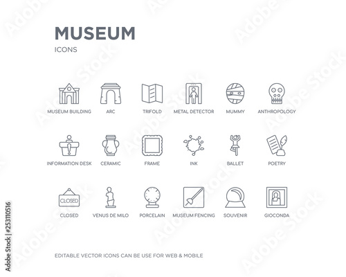 simple set of museum vector line icons. contains such icons as gioconda, souvenir, museum fencing, porcelain, venus de milo, closed, poetry, ballet, ink and more. editable pixel perfect.