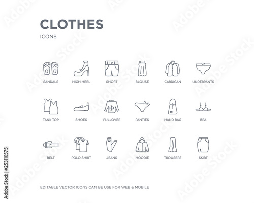 simple set of clothes vector line icons. contains such icons as skirt, trousers, hoodie, jeans, polo shirt, belt, bra, hand bag, panties and more. editable pixel perfect.