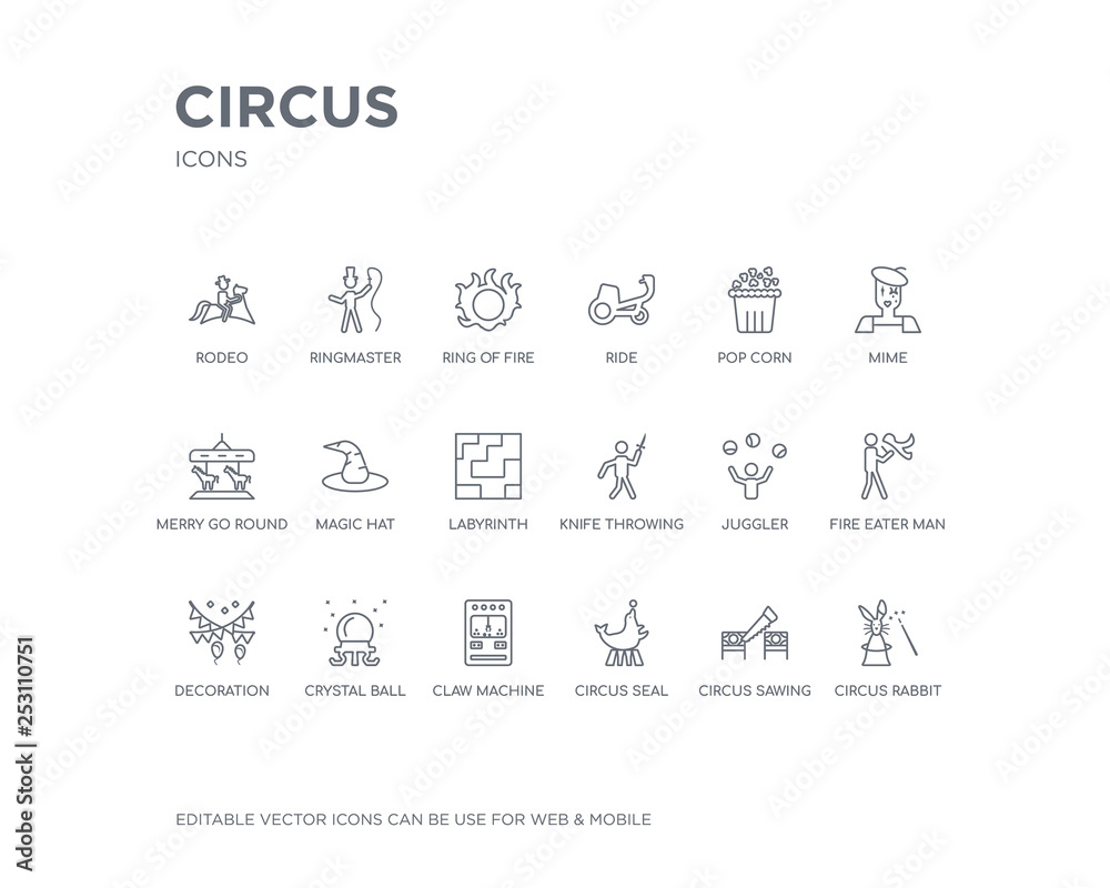 simple set of circus vector line icons. contains such icons as circus rabbit, circus sawing, seal, claw machine, crystal ball, decoration, fire eater man, juggler, knife throwing and more. editable