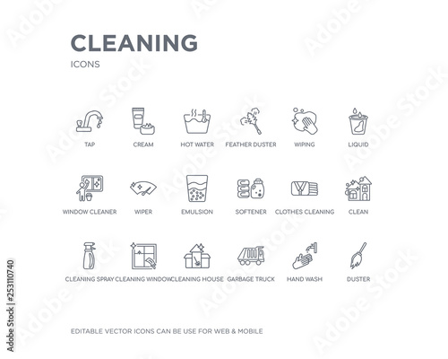 simple set of cleaning vector line icons. contains such icons as duster, hand wash, garbage truck, cleaning house, cleaning window, spray, clean, clothes softener and more. editable pixel perfect.