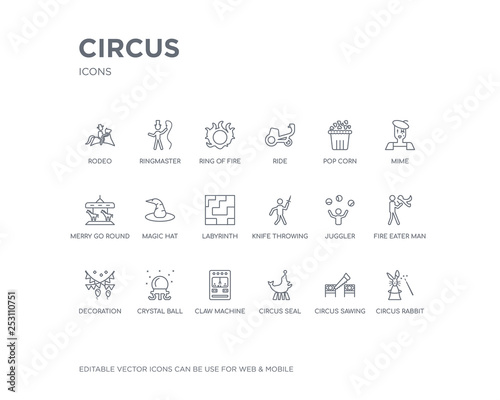 simple set of circus vector line icons. contains such icons as circus rabbit, circus sawing, seal, claw machine, crystal ball, decoration, fire eater man, juggler, knife throwing and more. editable