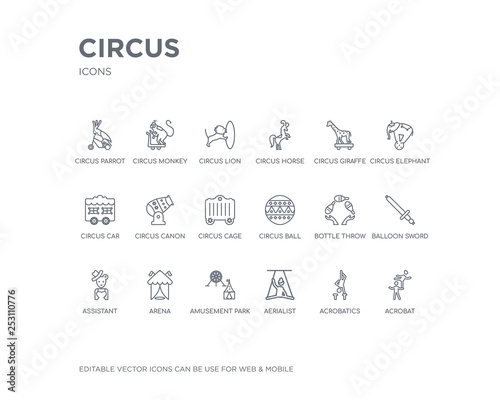 simple set of circus vector line icons. contains such icons as acrobat, acrobatics, aerialist, amusement park, arena, assistant, balloon sword, bottle throw, circus ball and more. editable pixel