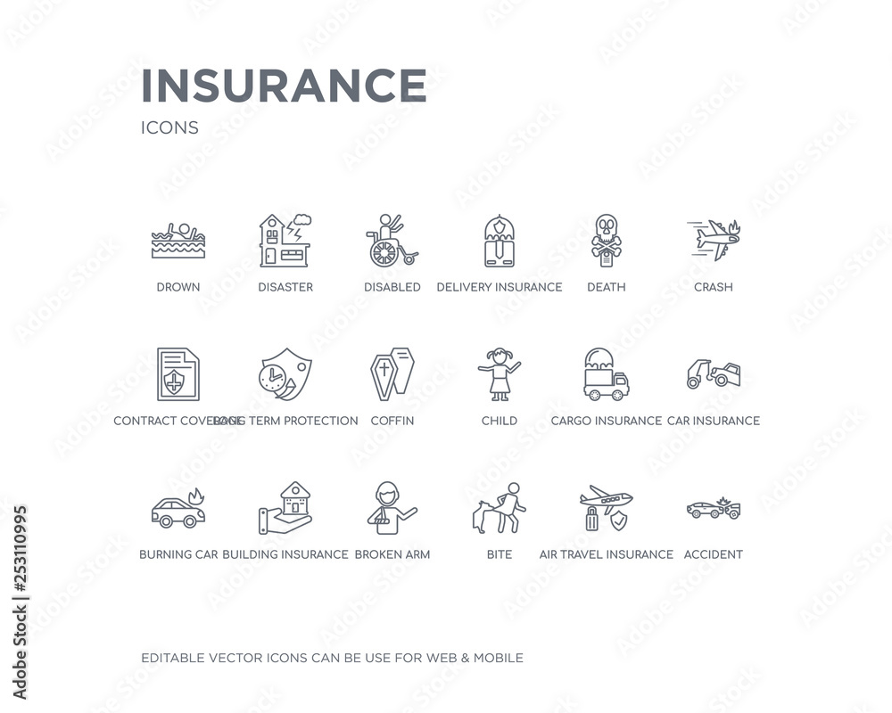simple set of insurance vector line icons. contains such icons as accident, air travel insurance, bite, broken arm, building insurance, burning car, car cargo child and more. editable pixel perfect. simple set of insurance vector line icons. contains such icons as accident, air travel insurance, bite, broken arm, building insurance, burning car, car cargo child and more. editable pixel perfect.