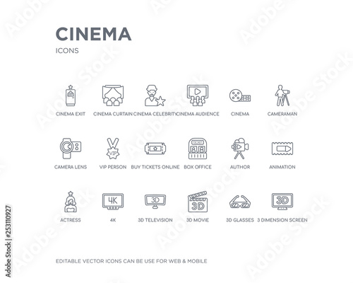 simple set of cinema vector line icons. contains such icons as 3 dimension screen, 3d glasses, 3d movie, 3d television, 4k, actress, animation, author, box office and more. editable pixel perfect.