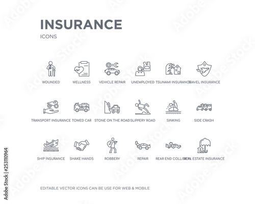 simple set of insurance vector line icons. contains such icons as real estate insurance, rear end collision, repair, robbery, shake hands, ship insurance, side crash, sinking, slippery road and