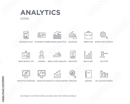 simple set of analytics vector line icons. contains such icons as 3d location graph, agenda, analysis, analytic visualization, analytics, analytics monitor, auction, bar chart, bar stats and more.