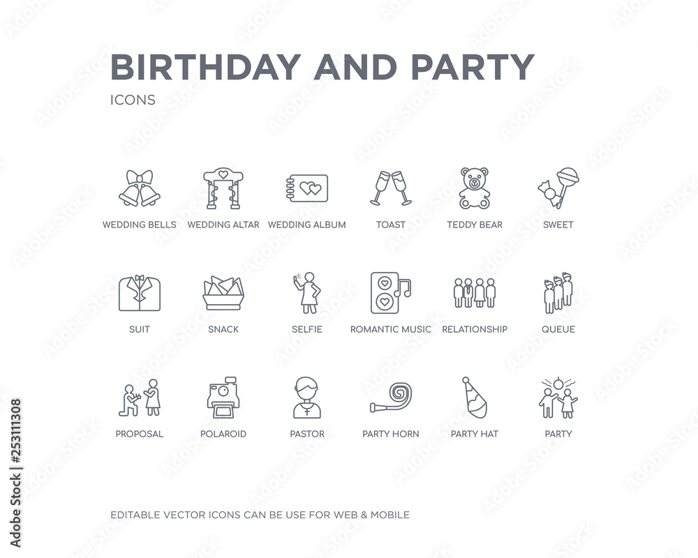 Naklejka premium simple set of birthday and party vector line icons. contains such icons as party, party hat, horn, pastor, polaroid, proposal, queue, relationship, romantic music and more. editable pixel perfect.