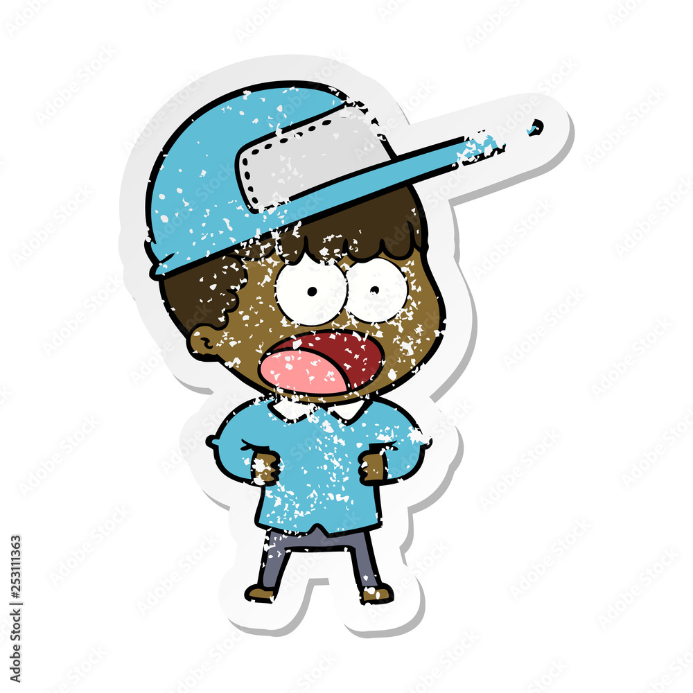 distressed sticker of a cartoon shocked man