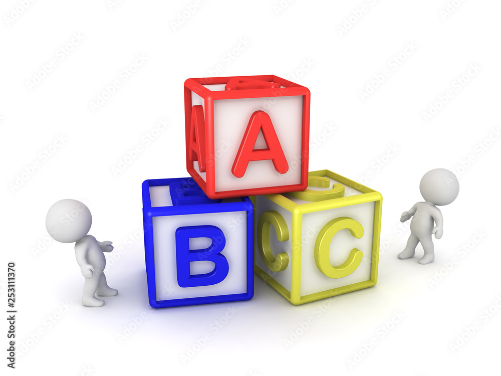 3D Characters Looking Up at Cubes with Letters 3D Characters Looking Up at Cubes with Letters