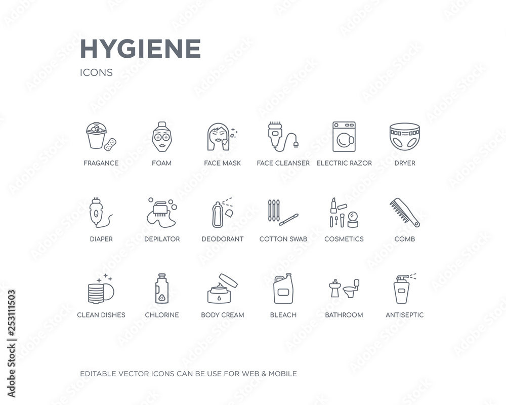 simple set of hygiene vector line icons. contains such icons as antiseptic, bathroom, bleach, body cream, chlorine, clean dishes, comb, cosmetics, cotton swab and more. editable pixel perfect. simple set of hygiene vector line icons. contains such icons as antiseptic, bathroom, bleach, body cream, chlorine, clean dishes, comb, cosmetics, cotton swab and more. editable pixel perfect.