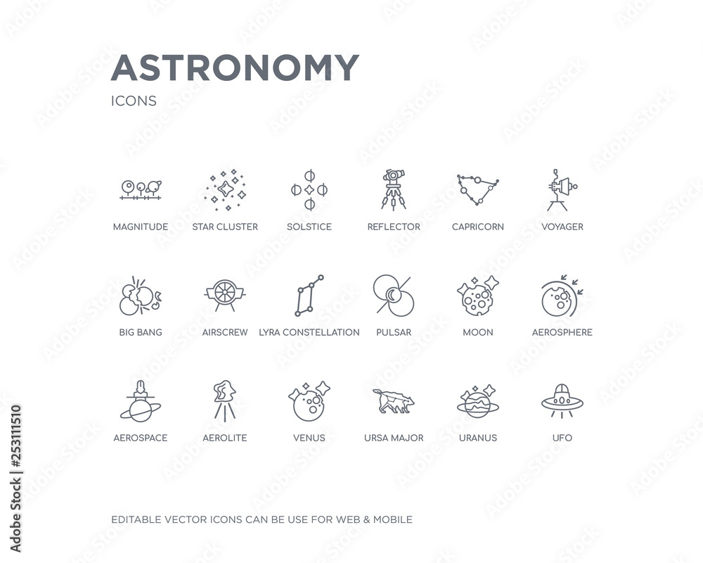 simple set of astronomy vector line icons. contains such icons as ufo, uranus, ursa major, venus, aerolite, aerospace, aerosphere, moon, pulsar and more. editable pixel perfect.