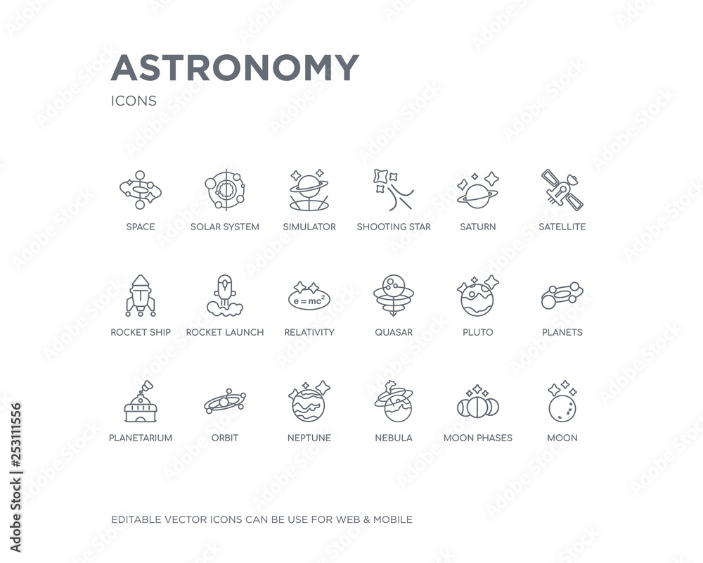 simple set of astronomy vector line icons. contains such icons as moon, moon phases, nebula, neptune, orbit, planetarium, planets, pluto, quasar and more. editable pixel perfect. simple set of astronomy vector line icons. contains such icons as moon, moon phases, nebula, neptune, orbit, planetarium, planets, pluto, quasar and more. editable pixel perfect.