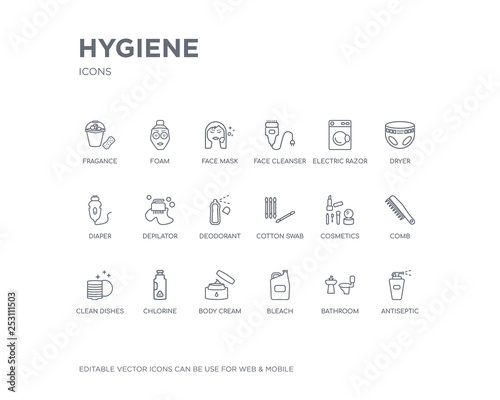 simple set of hygiene vector line icons. contains such icons as antiseptic, bathroom, bleach, body cream, chlorine, clean dishes, comb, cosmetics, cotton swab and more. editable pixel perfect.