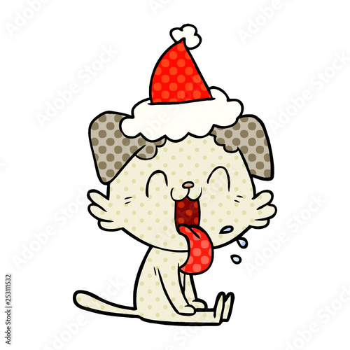 comic book style illustration of a panting dog wearing santa hat