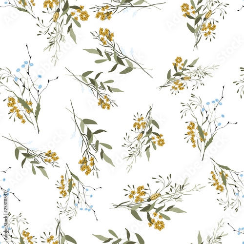 Blooming realistic isolated flowers. Hand drawn vector illustration. Blossom floral seamless pattern. Vintage background. © Julia