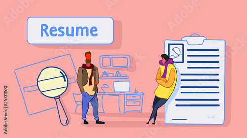 businessman hr manager meeting interviewing male job applicant leaning on resume recruitment and human resources concept sketch flow style horizontal