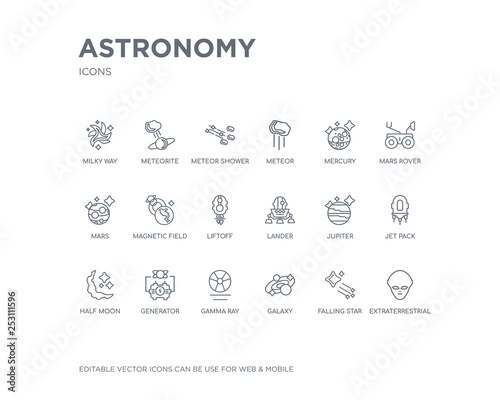 simple set of astronomy vector line icons. contains such icons as extraterrestrial, falling star, galaxy, gamma ray, generator, half moon, jet pack, jupiter, lander and more. editable pixel perfect.