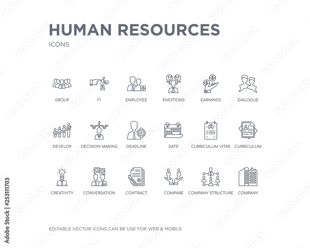 simple set of human resources vector line icons. contains such icons as company, company structure, compare, contract, conversation, creativity, curriculum, curriculum vitae, date and more. editable simple set of human resources vector line icons. contains such icons as company, company structure, compare, contract, conversation, creativity, curriculum, curriculum vitae, date and more. editable