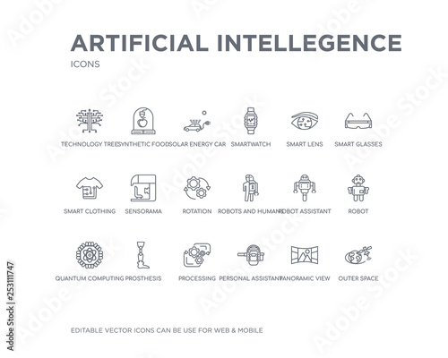 simple set of artificial intellegence vector line icons. contains such icons as outer space, panoramic view, personal assistant, processing, prosthesis, quantum computing, robot, robot assistant,