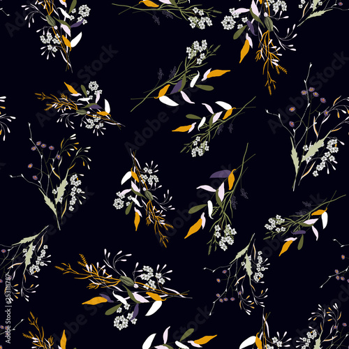 Hand drawn flowering pattern. Vector illustration for fashion, fabric. Scarf prints. Bohemian bunch flower seamless print. © Yuliia