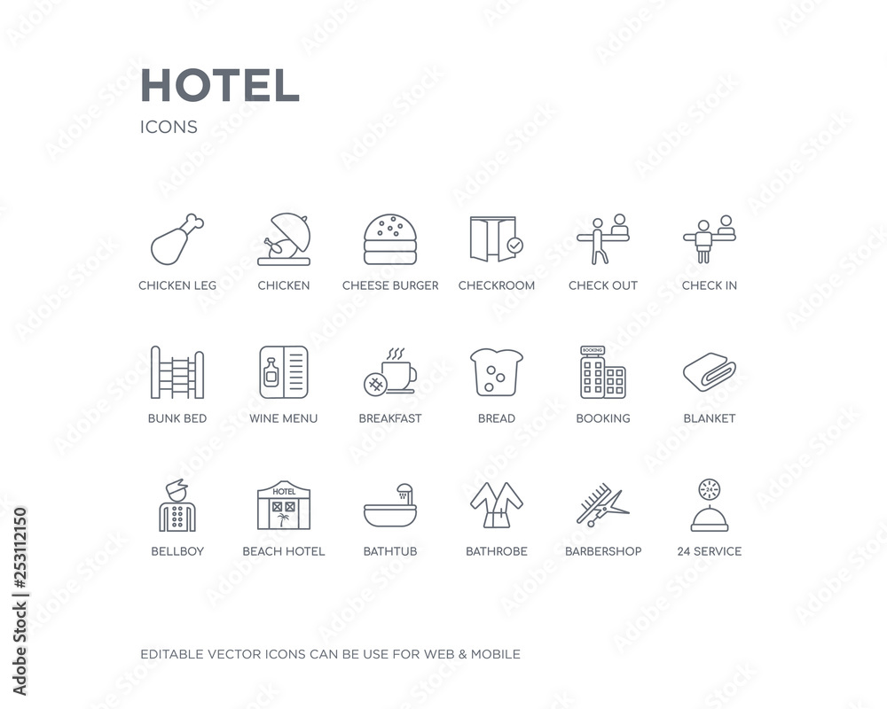 simple set of hotel vector line icons. contains such icons as 24 service, barbershop, bathrobe, bathtub, beach hotel, bellboy, blanket, booking, bread and more. editable pixel perfect. simple set of hotel vector line icons. contains such icons as 24 service, barbershop, bathrobe, bathtub, beach hotel, bellboy, blanket, booking, bread and more. editable pixel perfect.