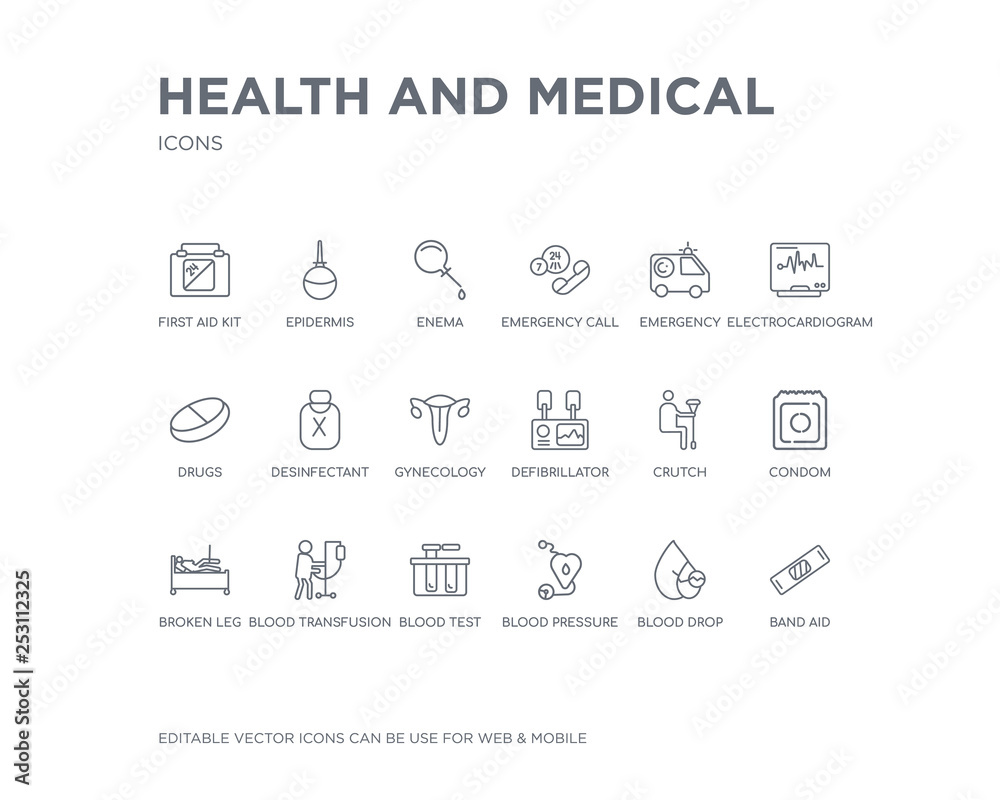simple set of health and medical vector line icons. contains such icons as band aid, blood drop, blood pressure, blood test, transfusion, broken leg, condom, crutch, defibrillator and more. editable