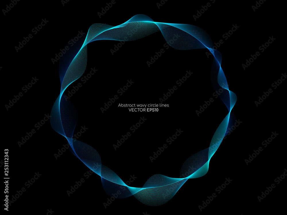 Vector abstract circle frame with wave lines pattern flowing in blue