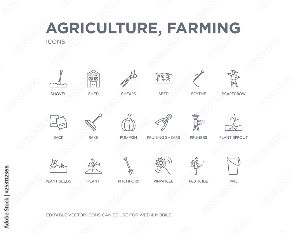 simple set of agriculture, farming vector line icons. contains such icons as pail, pesticide, pinwheel, pitchfork, plant, plant seeds, plant sprout, pruners, pruning shears and more. editable pixel